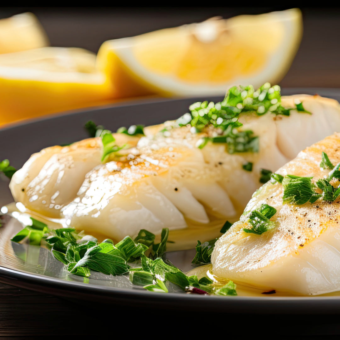 Lombos de Pescada ao Vapor em Molho de Limão, Puré de Batata Doce &amp; Cenoura Marinada