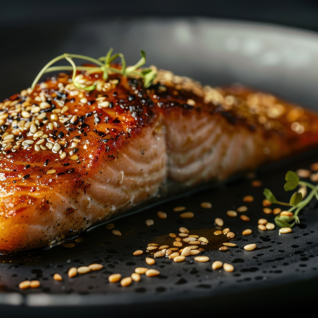 Salmão Grelhado com Sésamo, Quinoa de Hortelã e Laranja &amp; Legumes Salteados