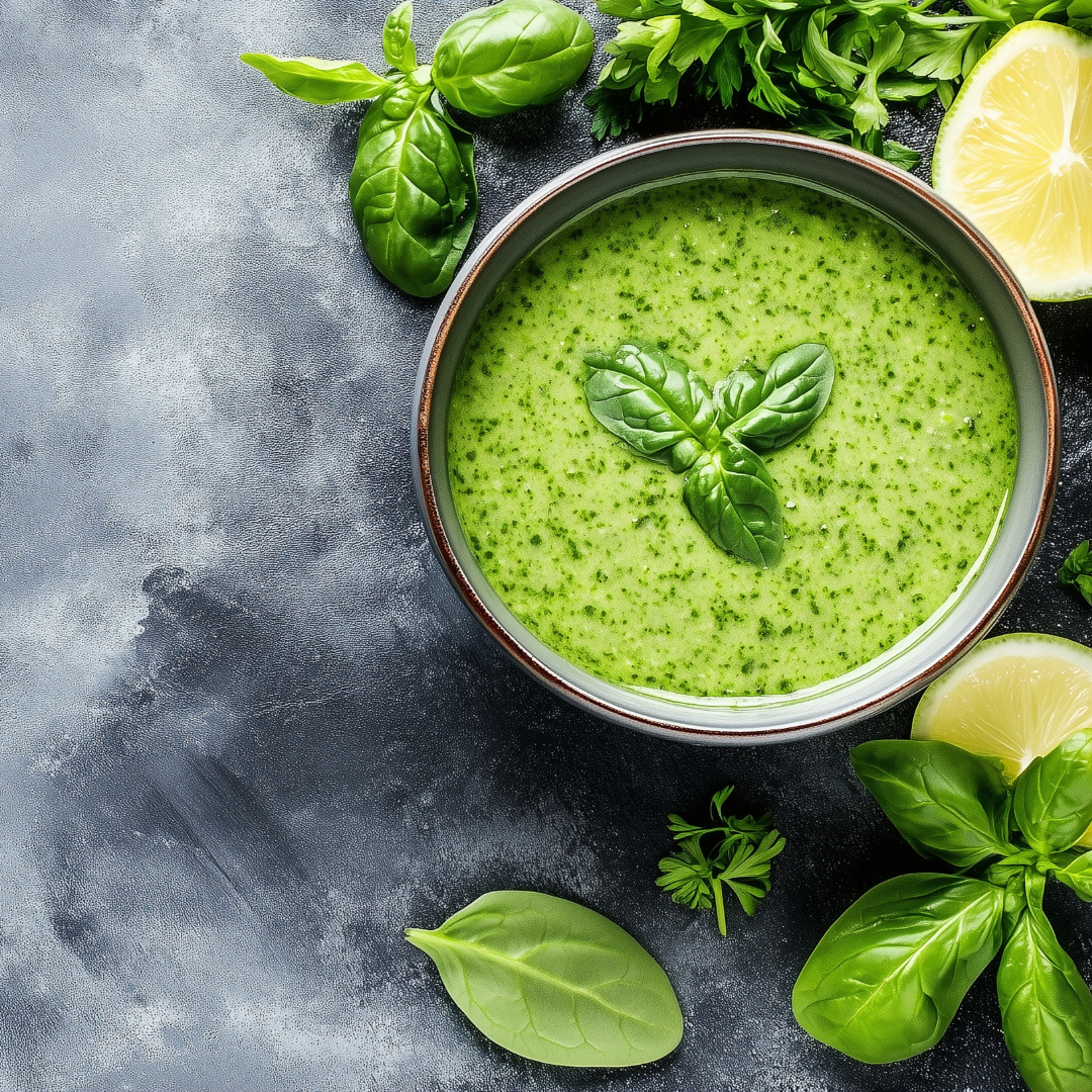 Creme de Ervilhas e Alho Francês com Pesto de Manjericão